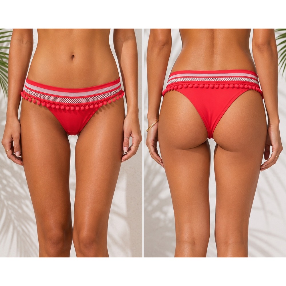 Tularosa Red Pom Pom Mesh Bikini Bottom Womens‎ Small Cheeky Swimwear Boho